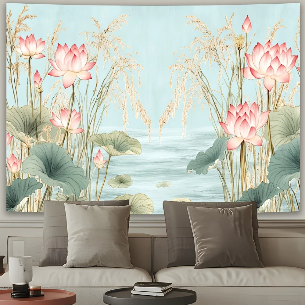 

Lotus Flower Tapestry, Watercolor Print with Pink Lotus & Green Leaves, Light Blue Background Wall Hanging for Bedroom, Calming