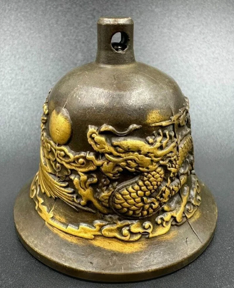 

2" Old Chinese Bronze Gilt Feng Shui Dragon Phoenix Statue Zhong Bell