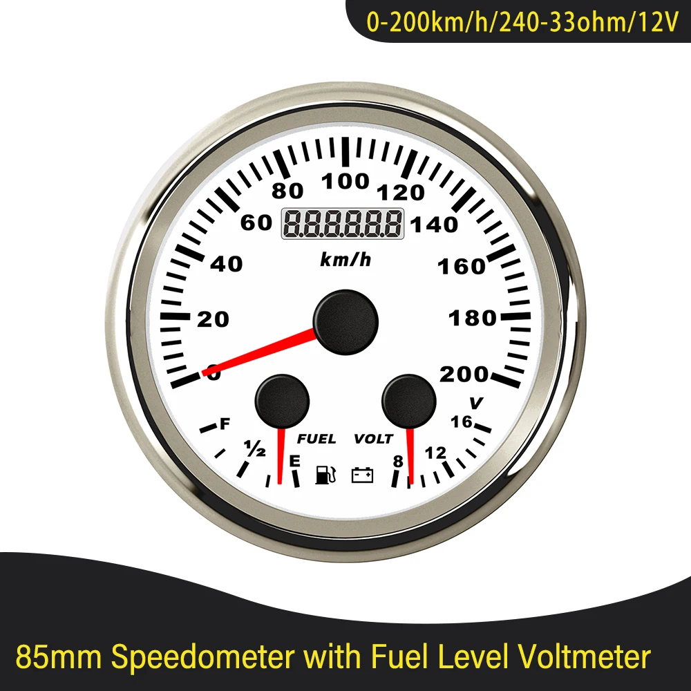 Universal 85mm 0-60MPH 0-200km/h GPS Speedometer Odometer with Fuel Level Voltmeter Red Backlight for Car Boat Yacht 12V