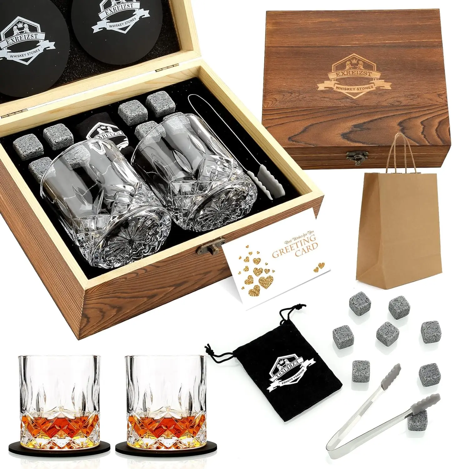 Whiskey Stones & Glasses Set, Granite Ice Cube For Whisky, Whisky Chilling Rocks In Wooden Box, Best Gift For Dad Husband Men