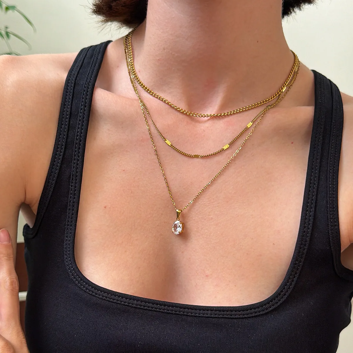 Trendy Stainless Steel Snake Chain Necklace Square Gemstone Pendant Layered Womens Chic Jewelry for Vacation Daily Dating Wear