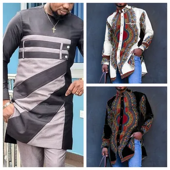 Chemise décontractée à manches longues et col rond pour hommes, document d'impression de style africain, mode assortie, nouveau, 2023