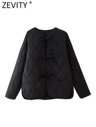 ZEVITY Women Fashion O Neck Bow Tied Black Casual Quilted Jacket Coat Female Outerwear Chic Lace Up Winter Tops CT7132