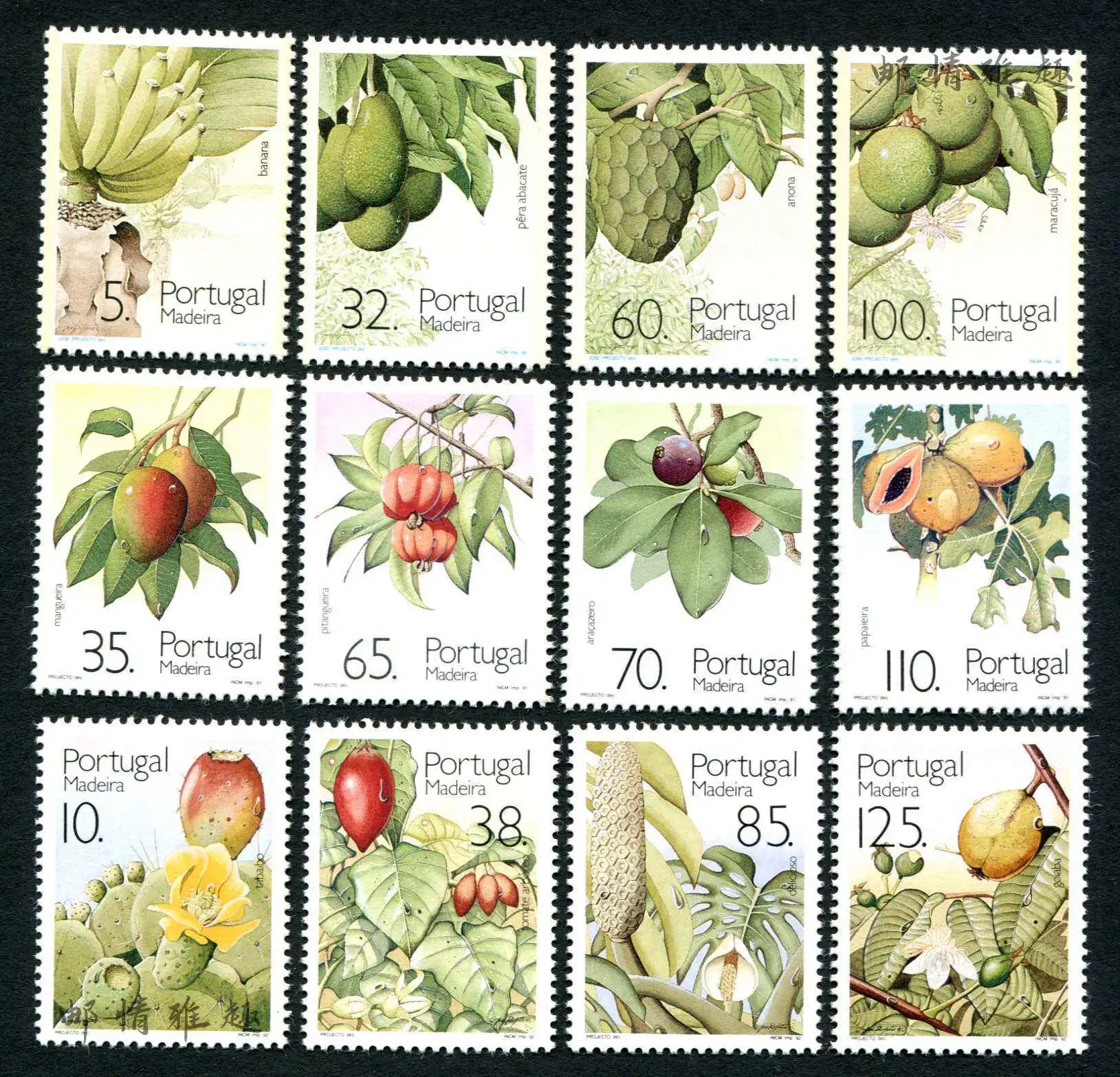 Selos Postais de Madeira Portuguesa Y1990-1992, Frutas Subtropicais, 12 Novos Selos Postais Colecionáveis, Material para Scrapbooking