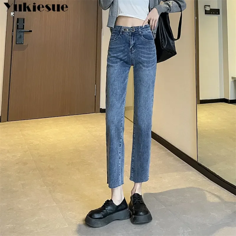 

High Waist Stretch Ladies Denim Straight Pants Washed Trousers Streetwear Jeans Pockets Jeans Women Casual Versatile Basic Daily