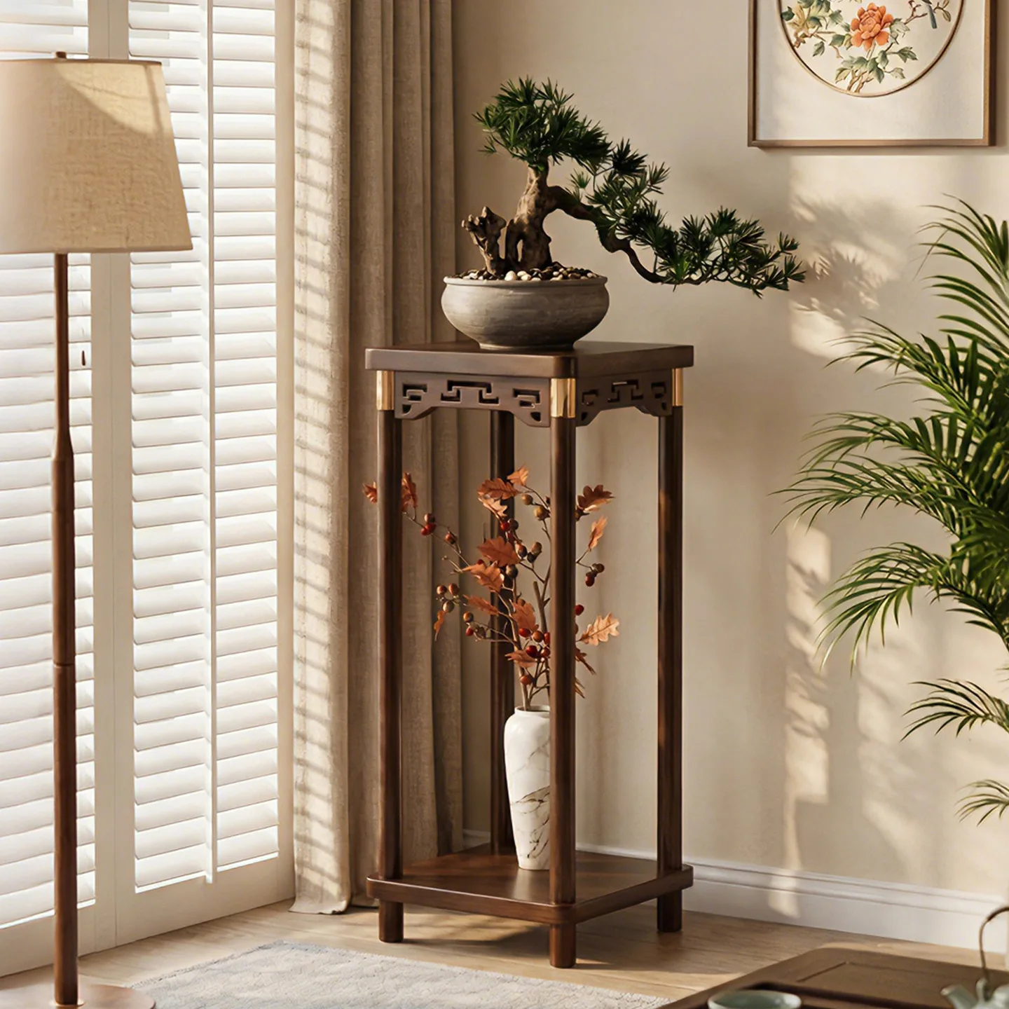 Flower shelf living room floor-to-ceiling Chinese-style green plant flower pot rack balcony tea room decorative bonsai vase rack