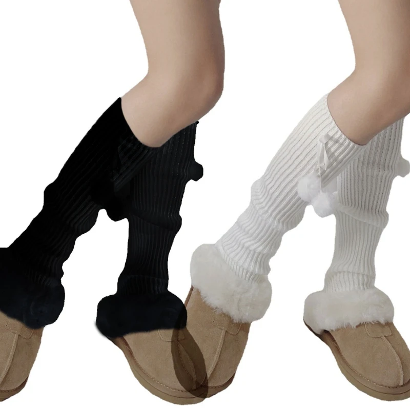 Ribbed Knit Leg Warmers Women Plush Hair Ball Lace-Up Bowknot Foot Cover Solid Color Warm Knee High Socks