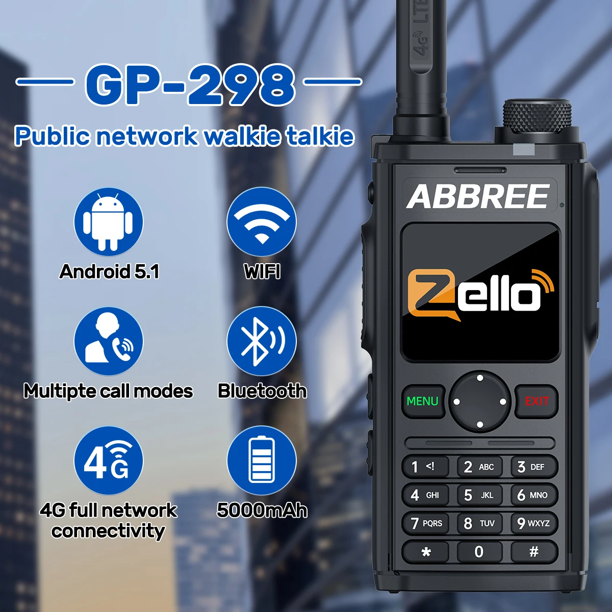 ABBREE GP-298 POC Network Walkie Talkie Global POC Radio Unlimited Distance Zello 4G SIM Card Android Bluetooth WIFI Radio