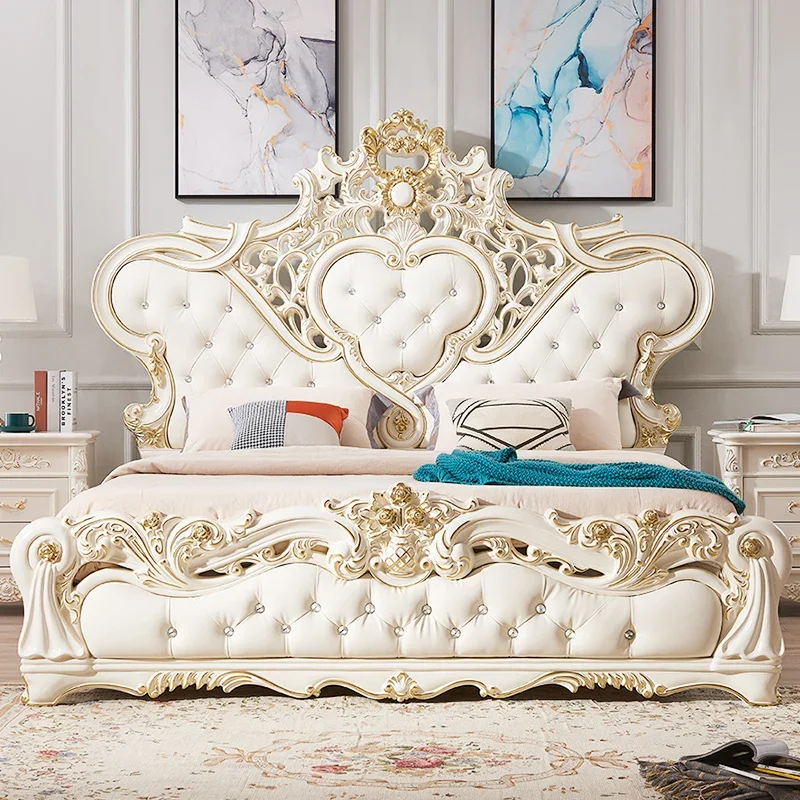 

Princess European Double Bed White Elegant Luxury Solid Wood Bed Modern Leather Villa Cama Bedroom Furniture