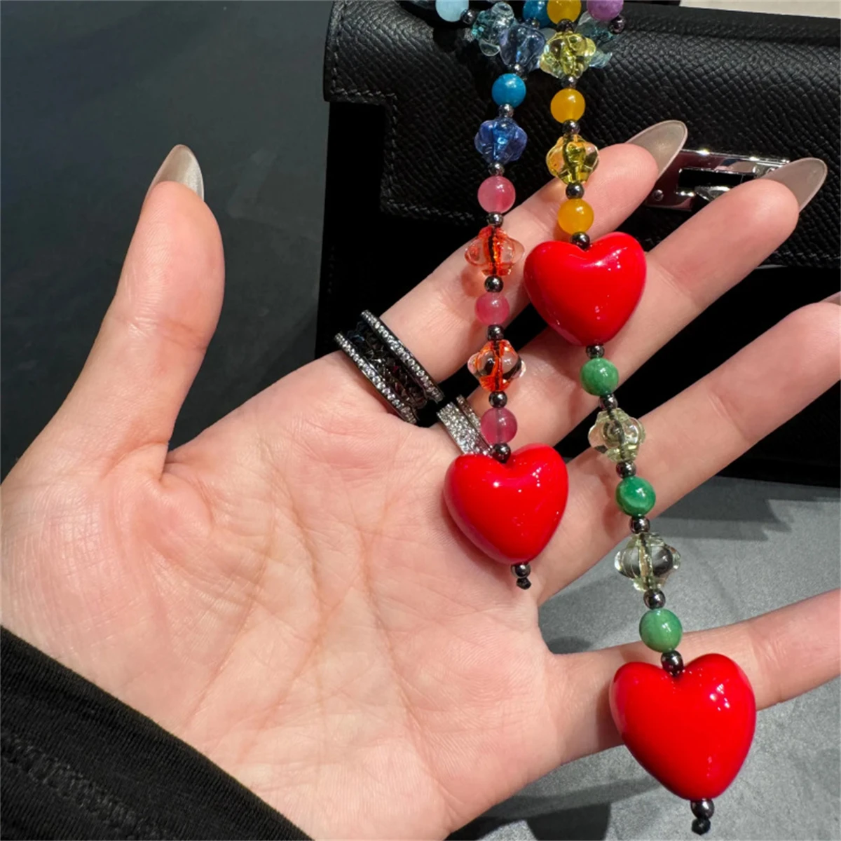 

Small and trendy versatile red heart pendant bag chain macaron color keychain bag charm