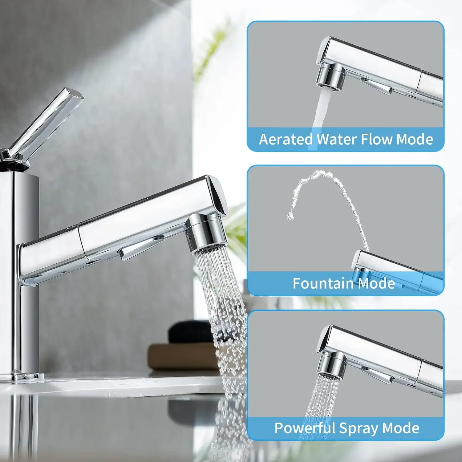 3 Patterns Bathroom Pull Out Taps Faucet with Pull Down Spray Swivel Spout Faucet Bathroom Sink Single Hole Pull Out Faucet