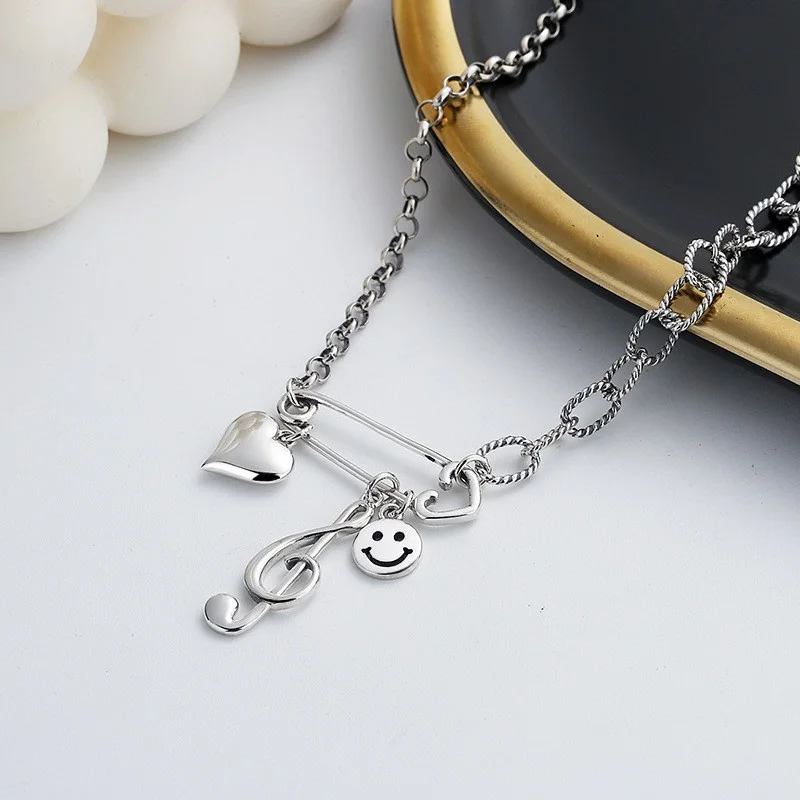 045L ZFSILVER Fashion Sterling Silver 925 Trendy Retro Design Smile Face Note Pin Necklace Women Wedding Charm Jewelry Match-all