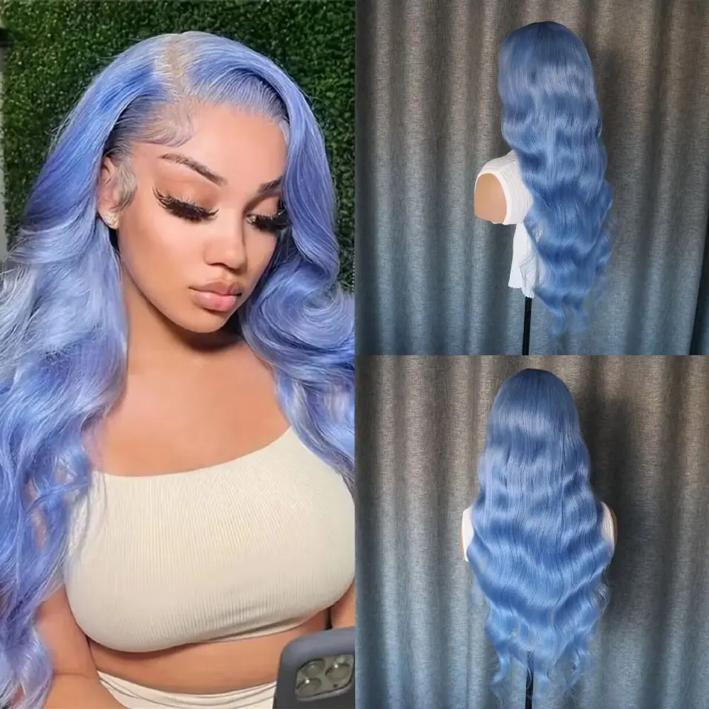 Wig asli Brasil ketebalan tinggi wig renda transparan depan Halus biru bergelombang wig tanpa lem garis rambut sebelum dipetik 13x4 HD