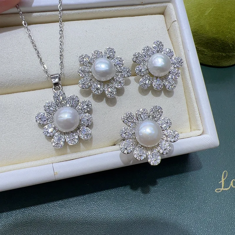 Set Freshwater Pearl Pendant Necklace Earrings Ring 8-9mm White Pink Purple Gray Sun Flower