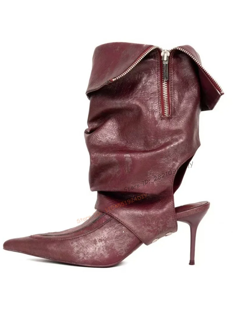 

Pointed-Toe Fold-Over Wide Mid Calf Stiletto Boots Strange Style High Heels Designer Cool Hollow Out Women's Prom Shoes