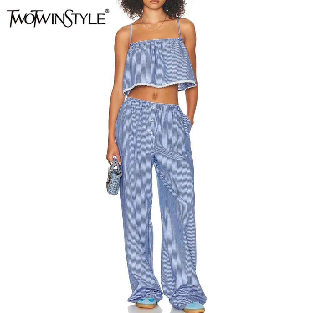 

TWOTWINSTYLE Hit Color Two Piece Set for Women Strapless Sleeveless Top High Waist Temperament Pant Sets Female New