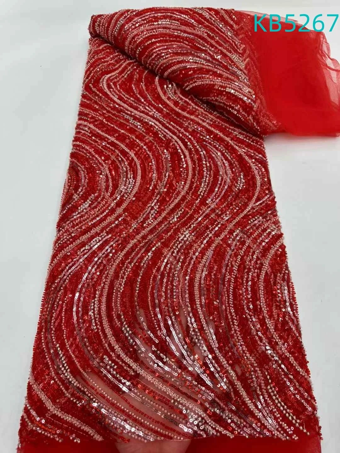 African Beads Lace Fabric 2025 High Quality 5 Yards Gold Beaded French Mesh Red Sequence Tulle Lace Fabric For Sewing KB5267