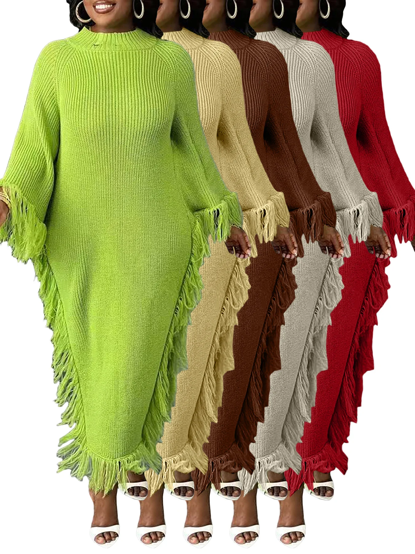 

D8724 New Fashionable Casual Tassel Trim Half High Neck Shoulder Insert Sleeve Asymmetrical Dress 5 Colors Available