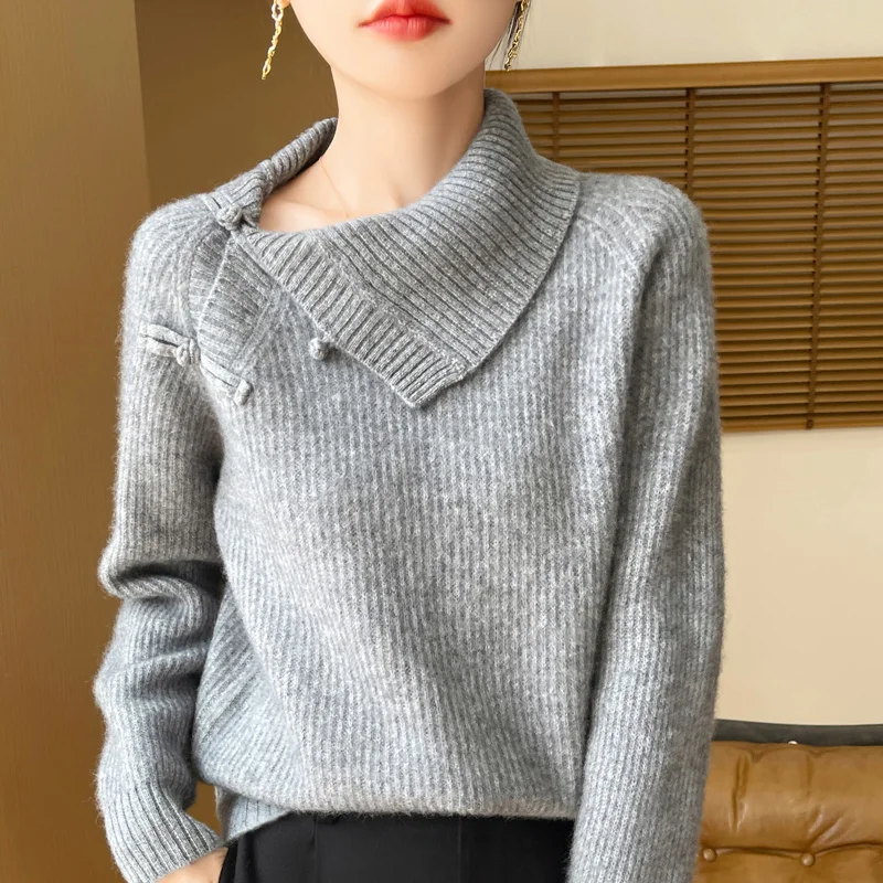 Autumn Winter New Sweater Women\'s Clothing 100% Wool Collar Knitted Pullover Fashion Chinese Style Retro Knitted Warm Tops