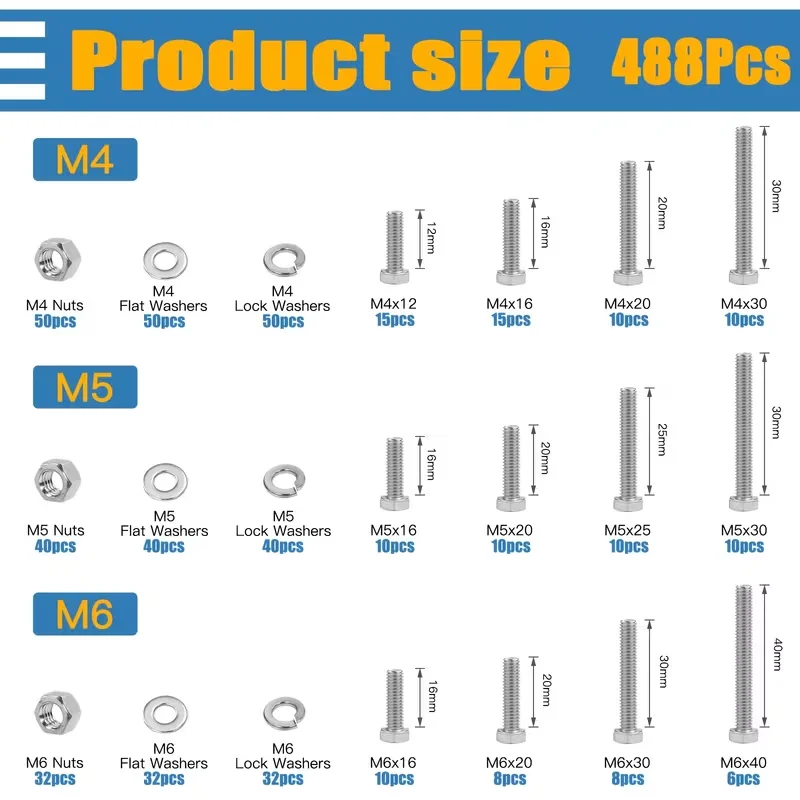 488-piece stainless steel hex bolt and nut assortment set, available in sizes M4, M5, and M6, suitable for various machinery, ho