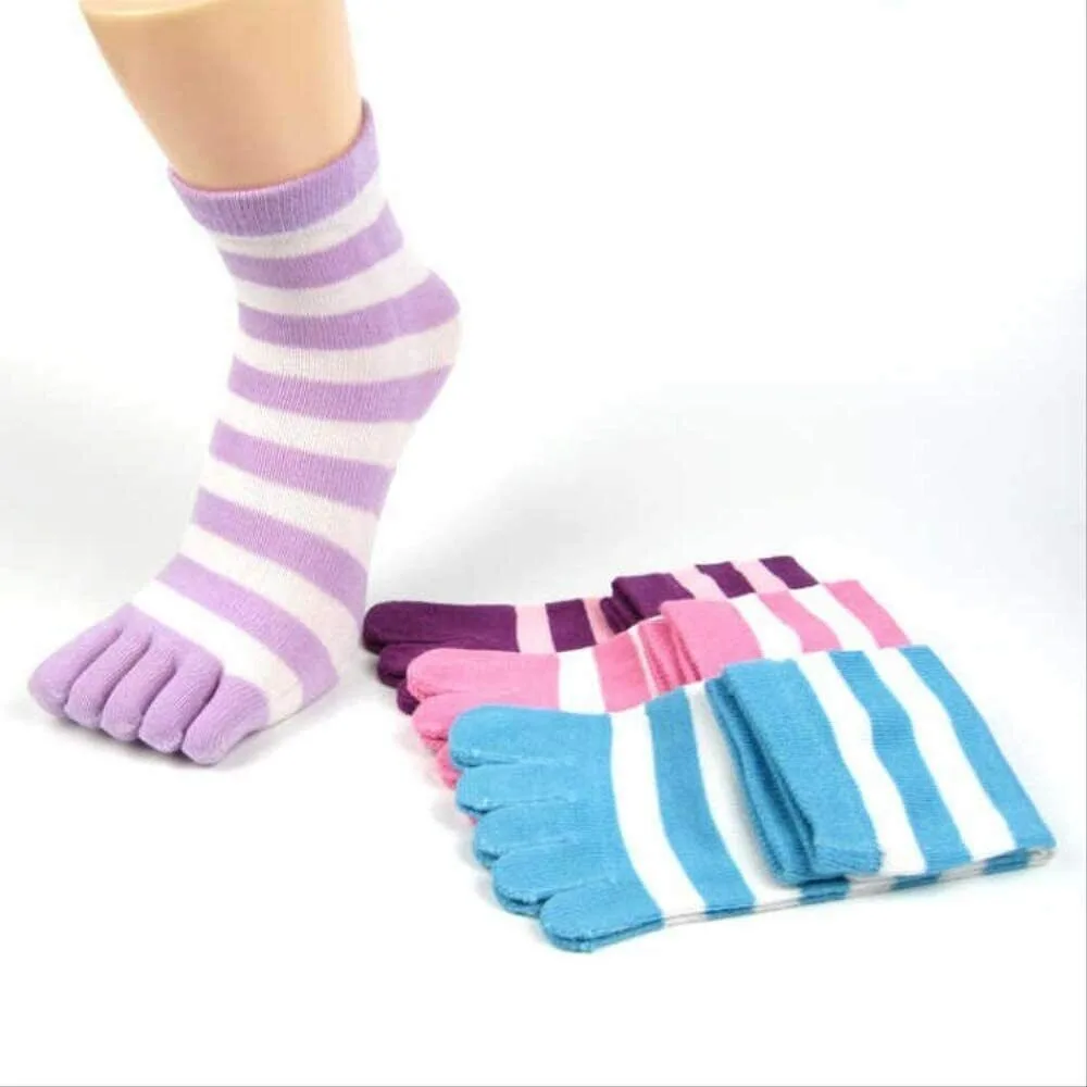 3/6Pairs Full Toe Socks Toe Separated Cotton Socks Colorful Stripe Socks Soft Cozy Hosiery Girls Floor Slippers Random Color