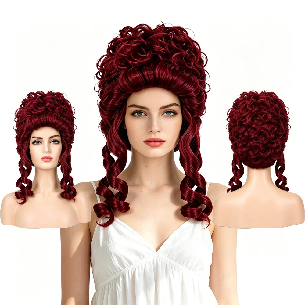 

Burgundy Baroque Updo Wig For Women Rococo Court Spiral Curls Historical Costume Synthetic Wig Halloween Cosplay Daily Party