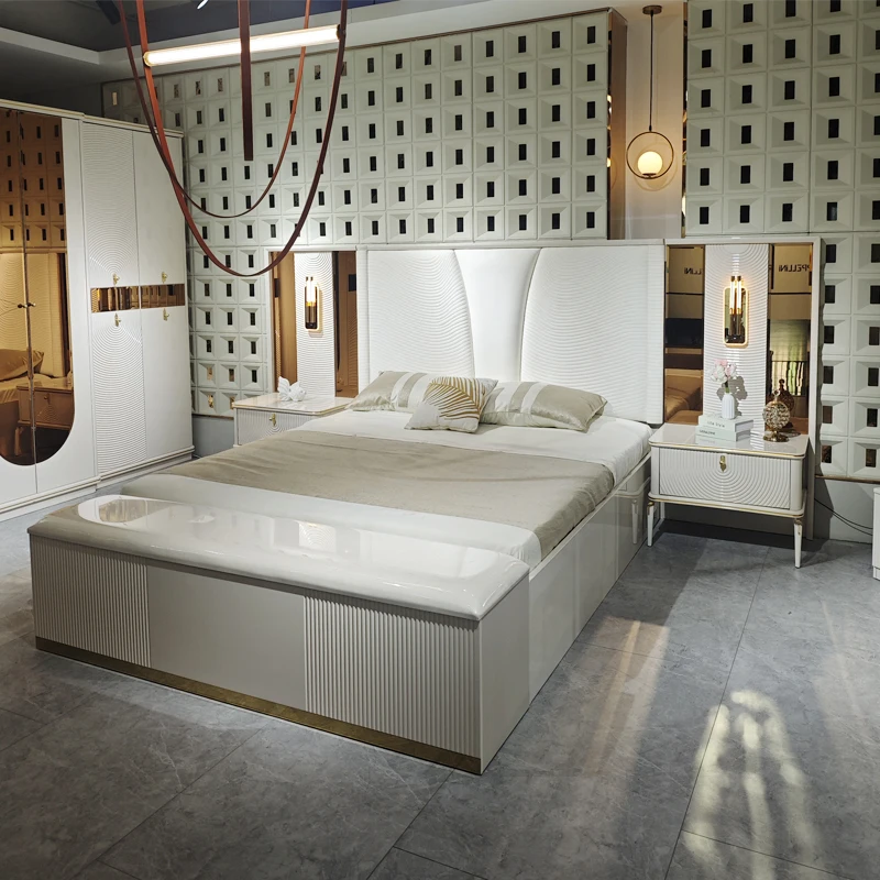 

！@Modern Luxury king Size Wooden Bedroom Furniture Set Home Wood Frame Complete White Double Bed Room Bedroom Furniture