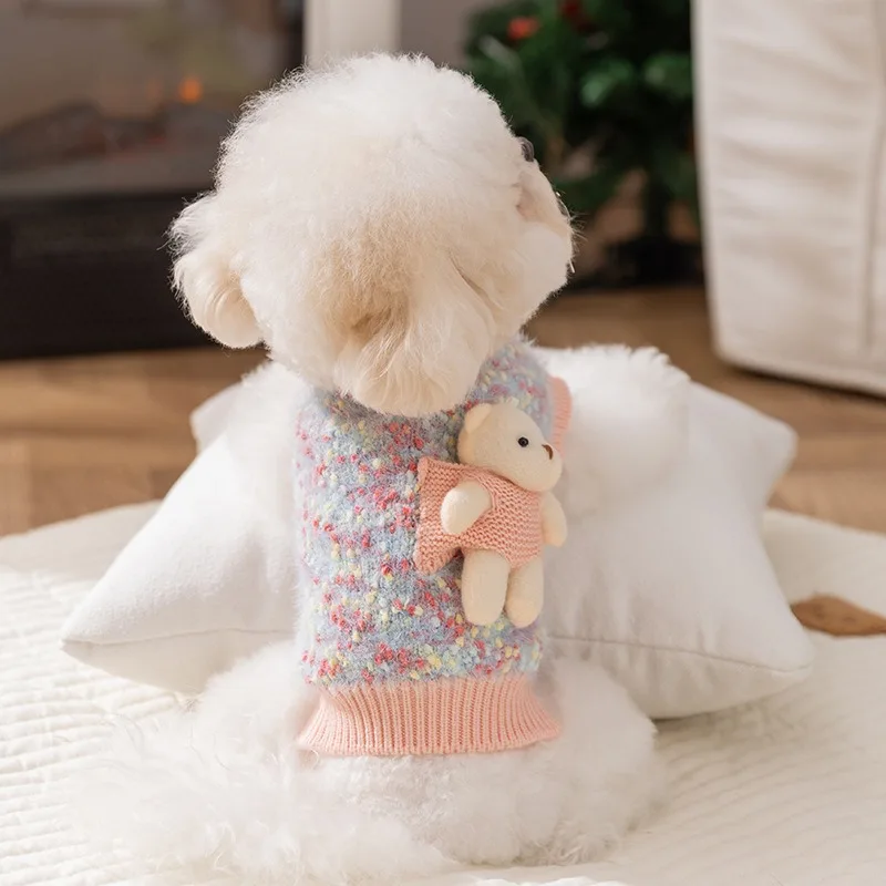 

Winter Dog Fur Skirt for Small and Medium-sized Dogs Knitted Vest Teddy Warm 3D Small Bear Hoodie Bichon Clothes