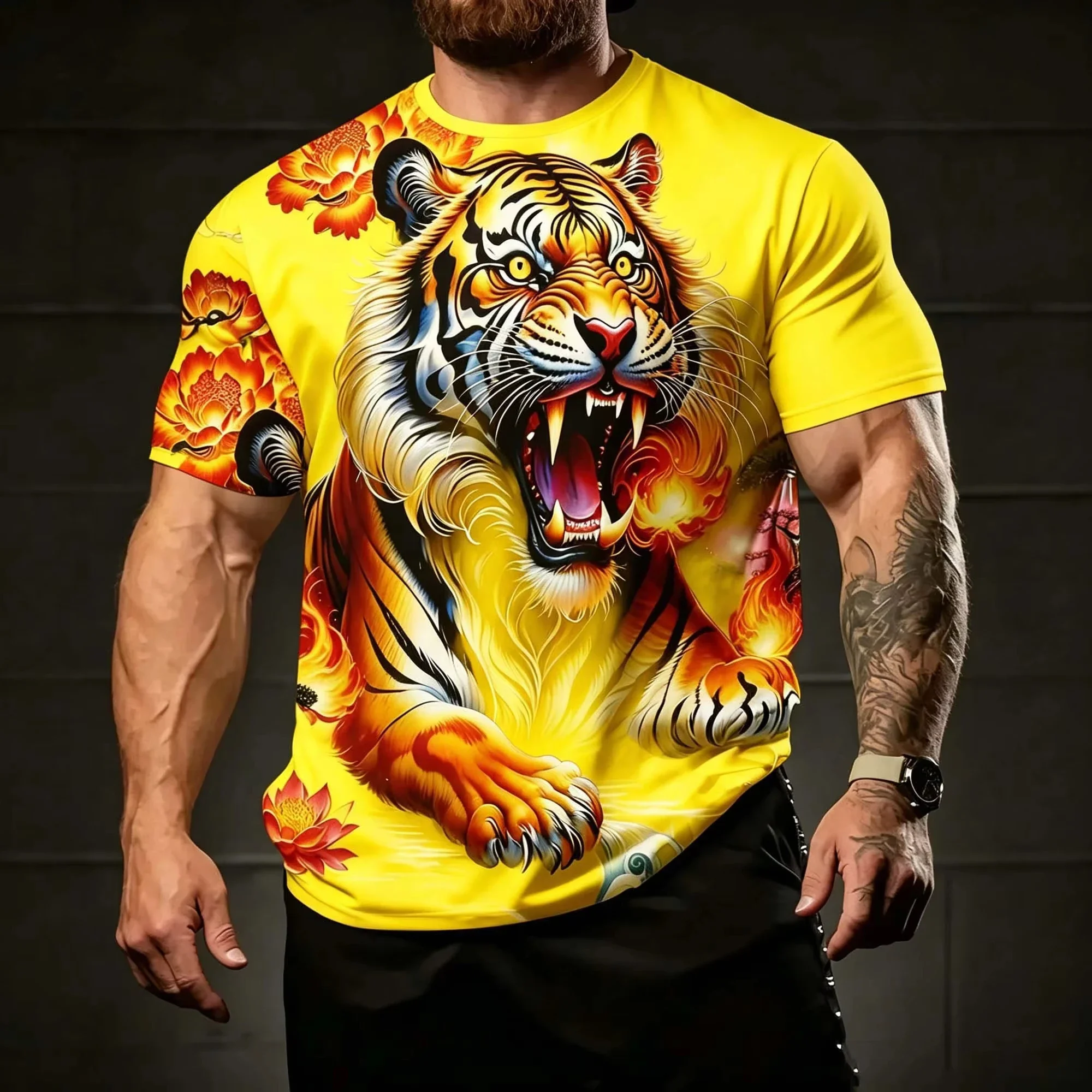 Traditional Oriental Ferocious Tiger Print Men Quick Dry Short Sleeve T Shirt Breathable Crew Neck Outdoor Street Athletic Tees