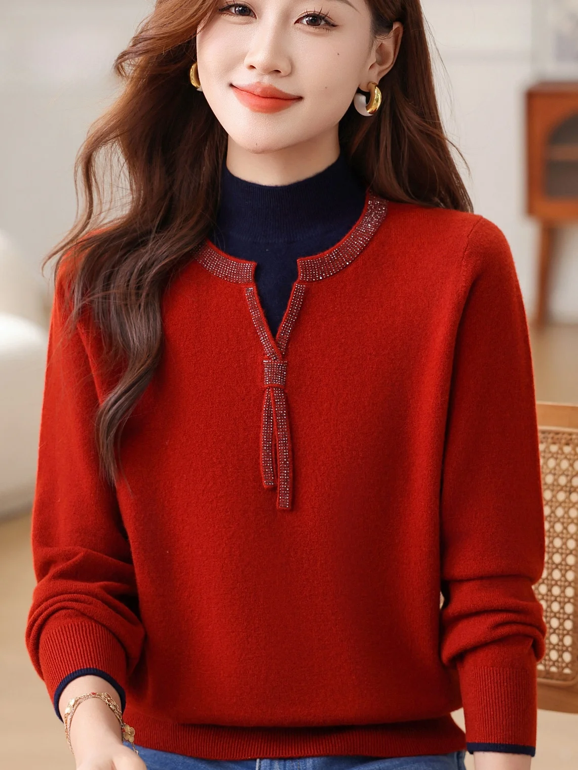 

Faionable Knitted Woolen Sweater Women's Autumn Winter Mom's Sle Wine Red f High Collar Fake Two-Piece Warm Top