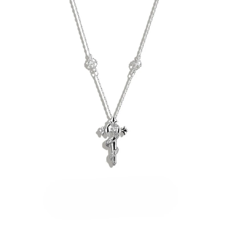 

New S925 Silver Layered Personalized Iris Flower Snake Shaped Scepter Cross Collarbone Chain Women's Wedding Jewelry
