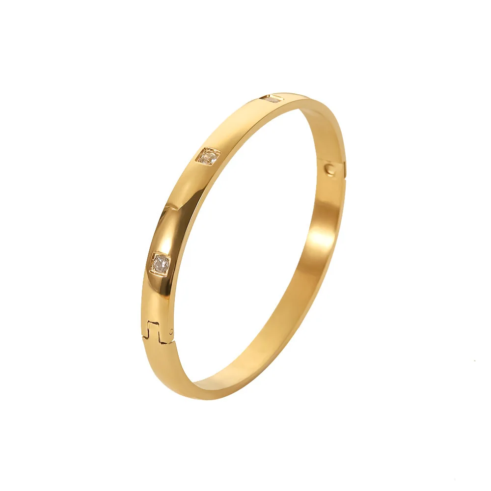 Stainless Steel PVD 18K Gold Plated Tarnish Waterproof Simply Rhinestoned Bangles  For Woman Jewelry Wholesale Trendy