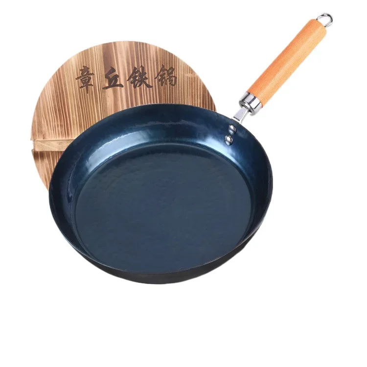 30cm Frying Pan Cast Iron Pan Uncoated Kitchen Cookware with Anti-scald Wooden Handle for Gas Stove Induction Cooker