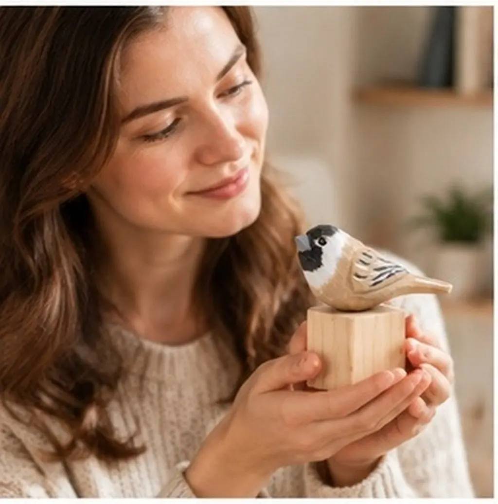 Meticulously Hand-Carved Wooden Sparrow Statue Nature- Decor Piece for Windows Trays Shelves Dining Tables