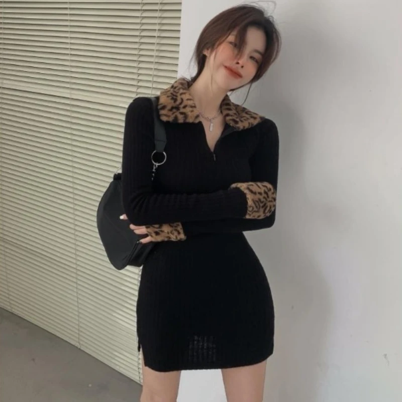 Damskie sukienki mini z długim rękawem na brzuch Streetwear Leopard Lapel Sexy Night Club Black Bodycon Korean Style Trendy Vestidos Chic