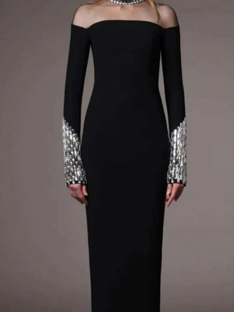 Women Fashion High Necked Solid Color Party Dress 2025 Casual Long Sleeve Evening Dress Elegant Sequins Splicing Slim Long Dress