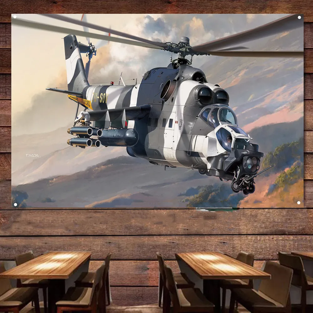 Mi-24 Super Hind Attack Helicopter Poster Wall Hanging Flag - Air Force Canvas Art Painting Wall Decor Banner For Military Buffs