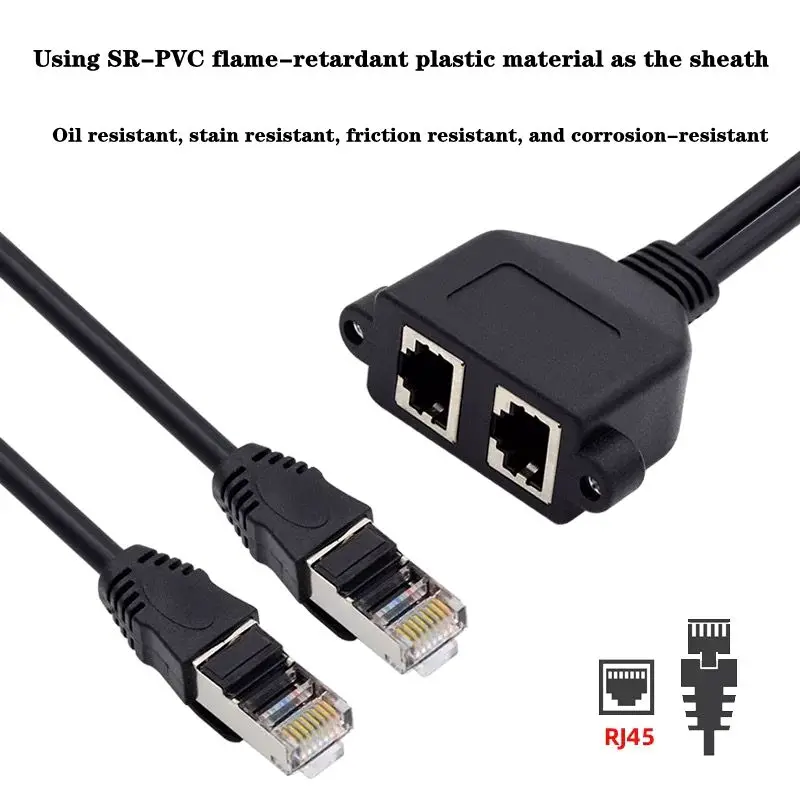 Dual Port RJ45 Male to Female Network Extension Cable With Ear Screw Holes For Fixation, Male to Female Network Extension Cable