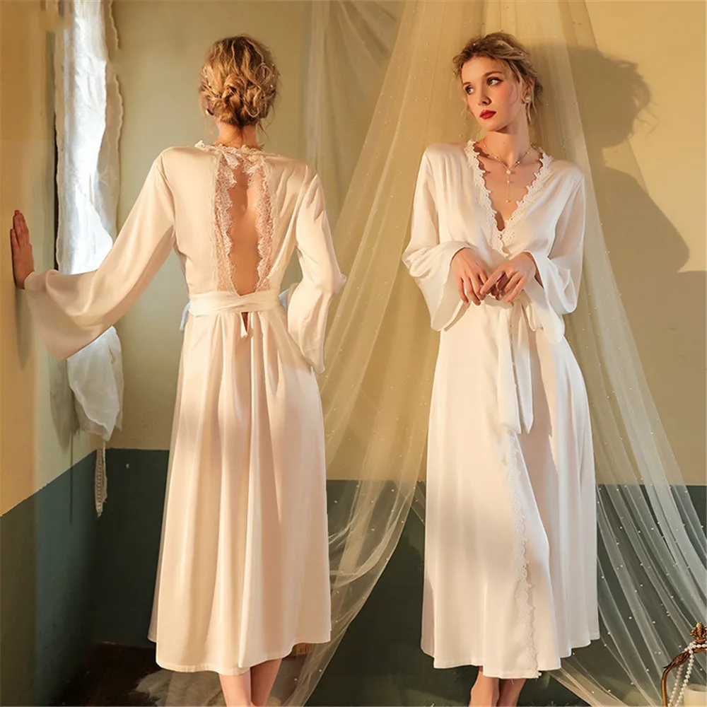 Back Hollow Out Ice Silk Robe Nightgown Women's Long Kimono Bathrobe Yukata Loose Home Dress Lounge Wear