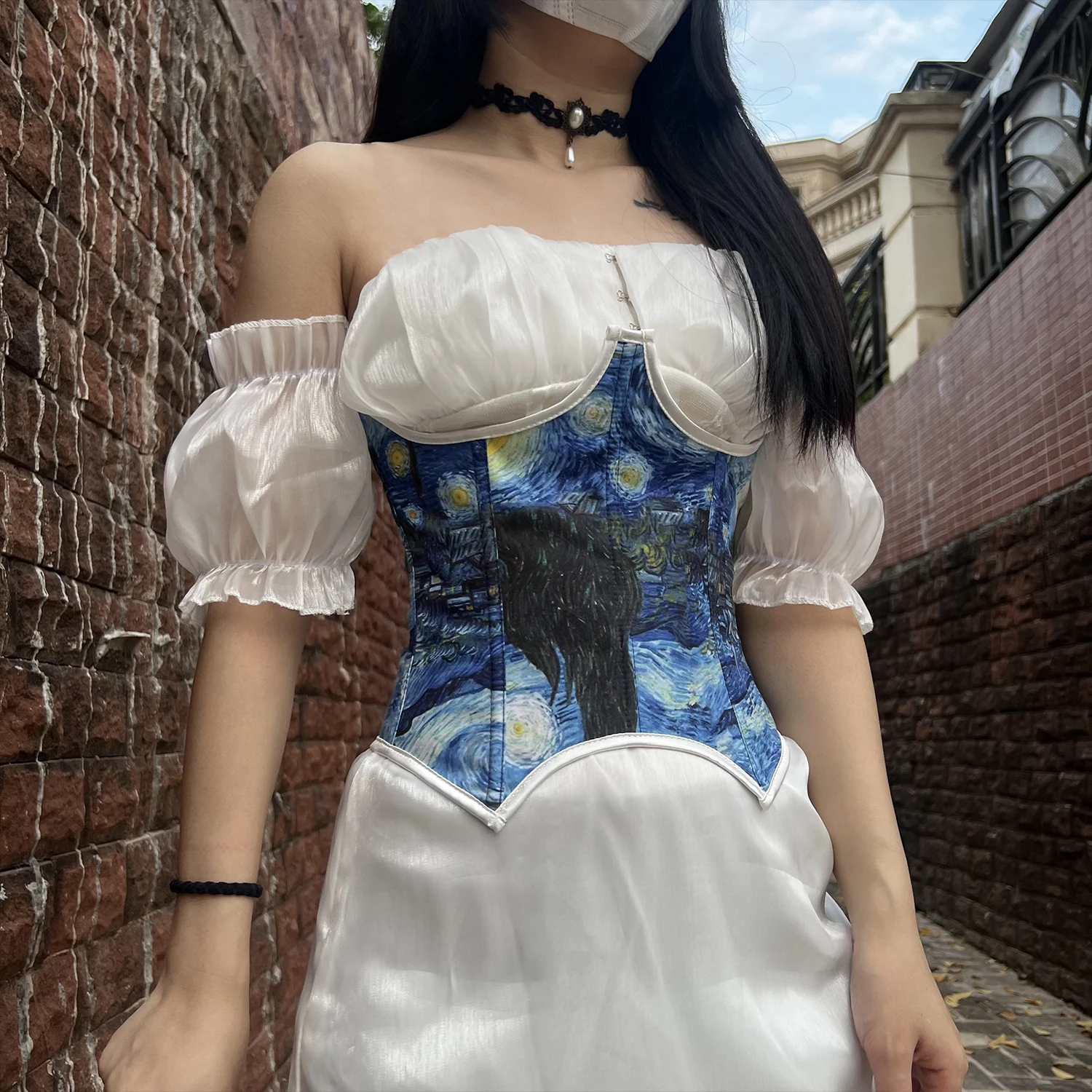 

Women Summer Tie-Up Ribbon Corset Crop Sexy Lace-Up Slim Bustier Camisole Retro Oil Painting Graphic