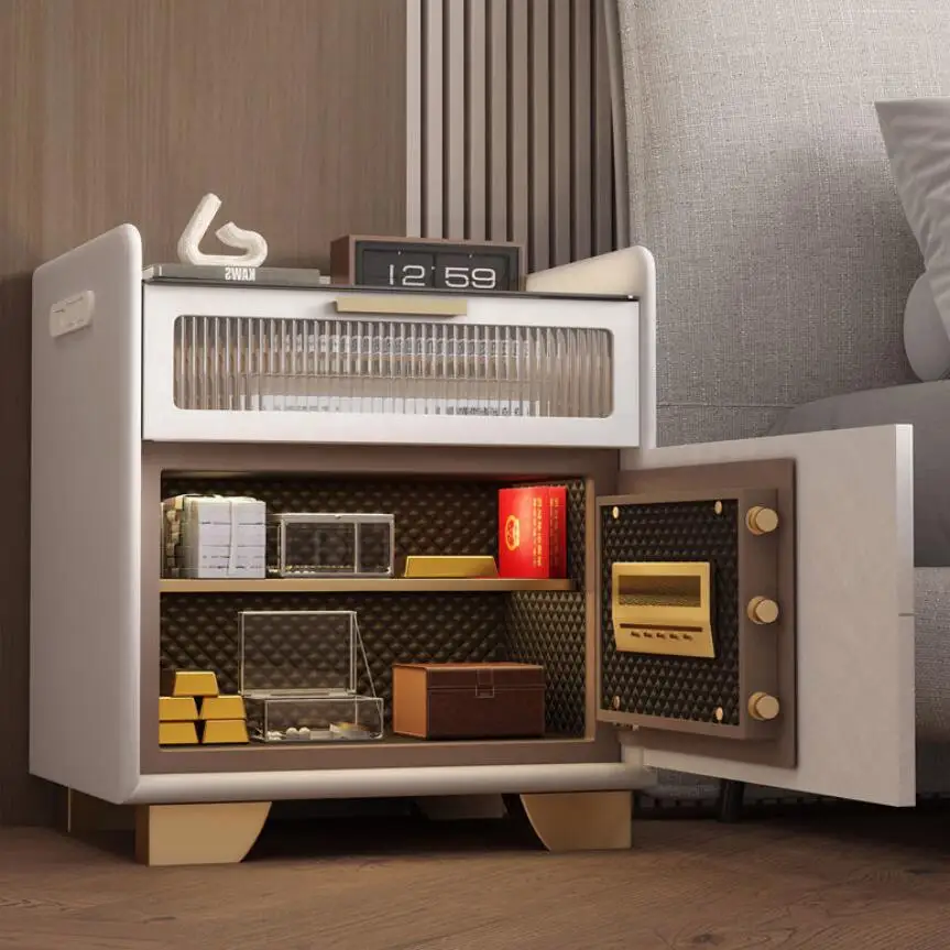 Moderner, leichter Nachttisch aus Holz mit Felsplatte, kabelloses Laden, intelligentes Design für Zuhause, Hotel, Schule, Schlafzimmermöbel