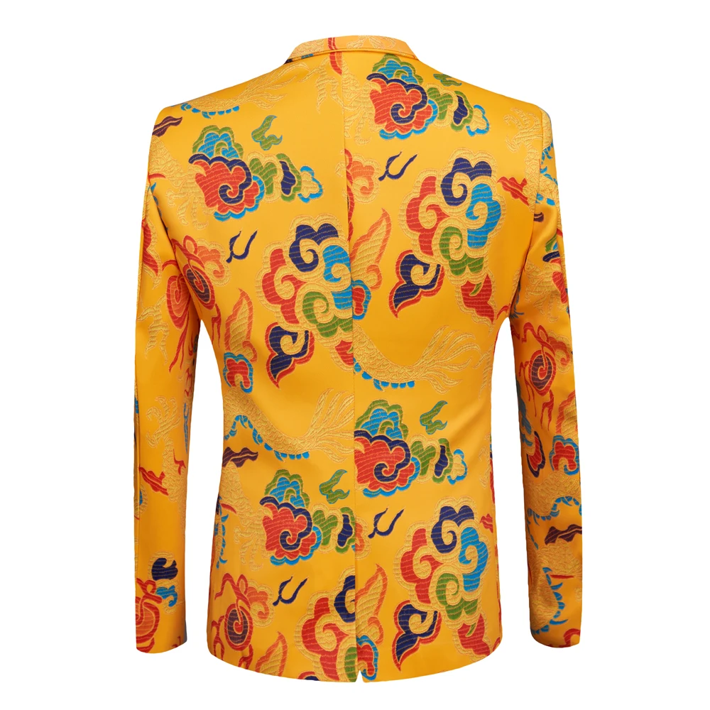 Fashion Men\'s Yellow Casual BoutiqueChinese StyleCrane Print Suit Jacket Blazers Man Coat Men\'s Wedding Dress Top