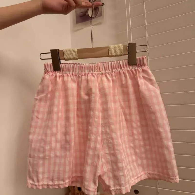 Mulheres Xadrez Confortável Pijama Shorts, Cintura Elástica, Japonês Simples Perna Larga Roupas Casa, Dormir Solto, Multicolor