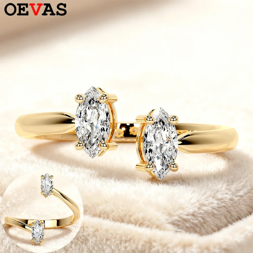 

OEVAS Marquise Cut Moissanite Ring For Women S925 Silver Plated 18K Gold Lab Diamond Adjustable Open Band Wedding Jewelry Gift