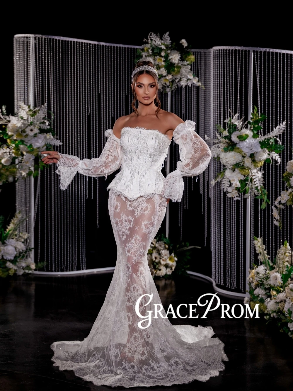 

Elegant Lace Pearls Tassel Wedding Dress Sexy Illusion Mermaid Customized Bridal Gown Gorgeous Corset Off Shoulder Women Wear