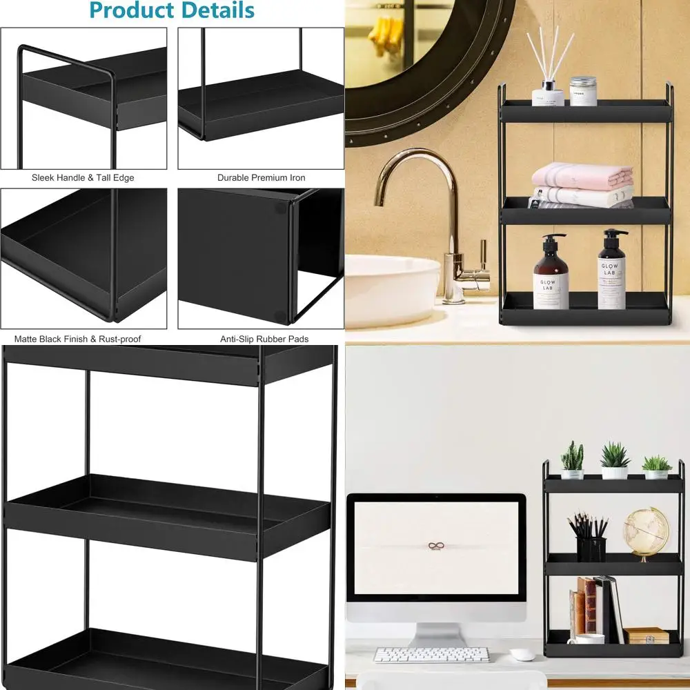 منظم زينة أسود من 3 طبقات لسطح الحمام وتخزين المكياج ورف توابل المطبخ #1