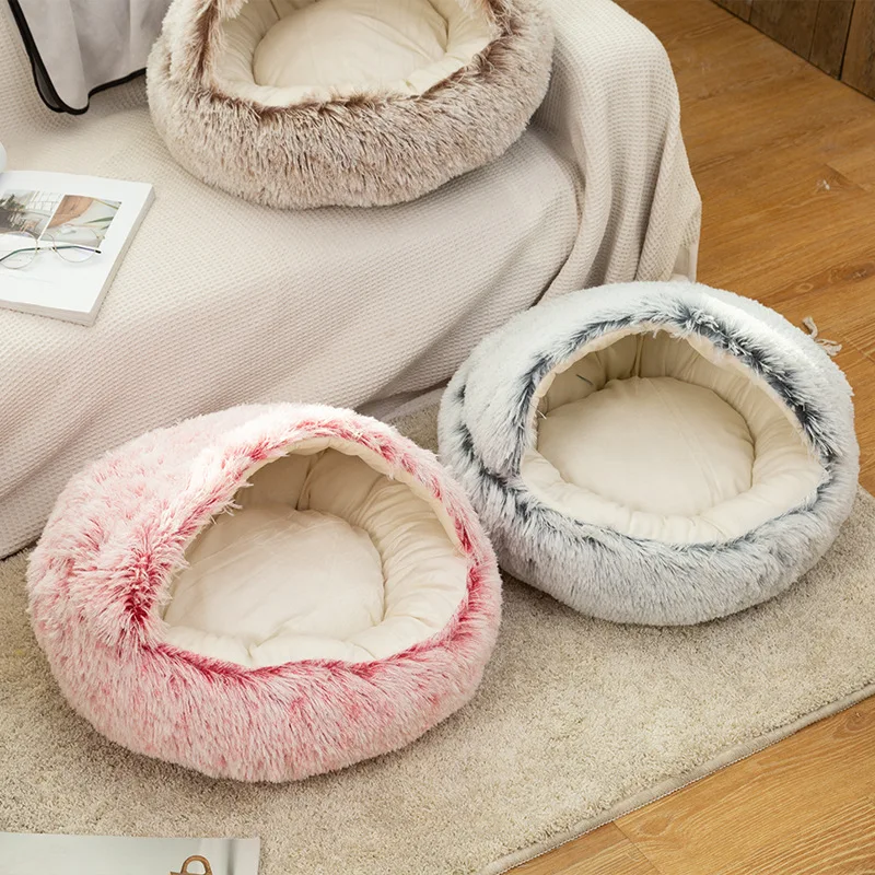 Fluffy Warming Cat Cave Bed Calming Dog Bed Semi-closed House Anti-Anxiety Donut Dog Cuddler Bed Machine Washable Round Pet Bed