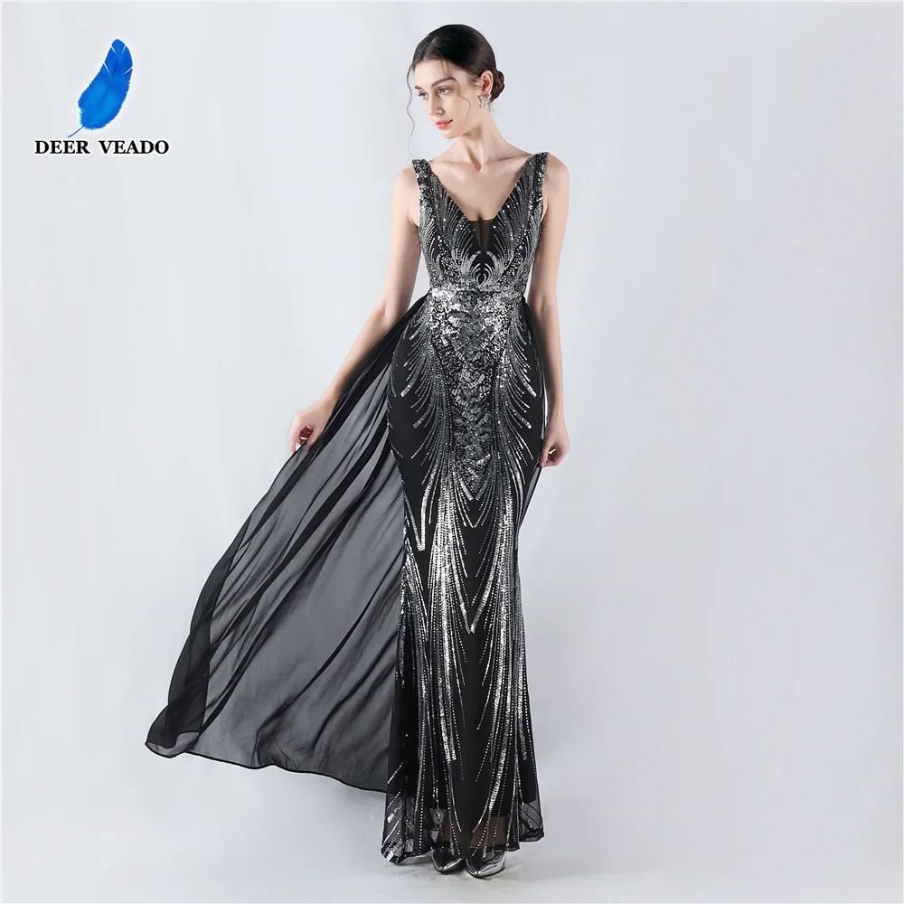 

DEERVEADO Elegant Mermaid V-Neck Sequins Evening Dresses for Woman Prom Party Maxi Dress with Detachable Train robe de soiree