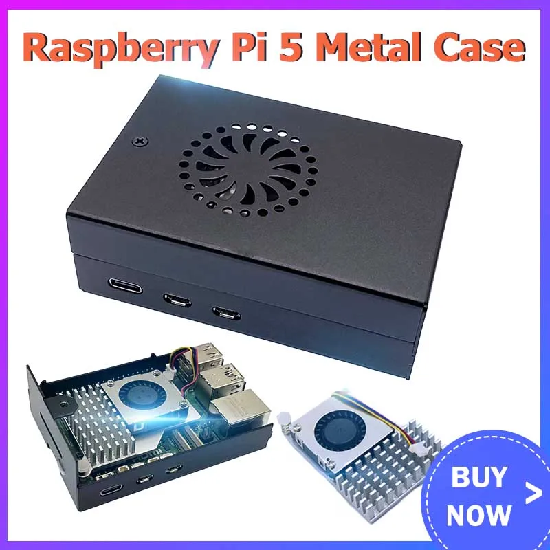 Raspberry Pi 5 Metal Shell Black case with Fan Active Passive Cooling Radiator for RPI 5