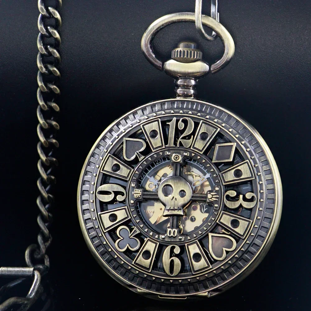 

Vintage Punk Men Mechanical Pocket Watch Hollow Poker Pattern Half Hunter Bronze Pocket Chain Pocket Clock Gift